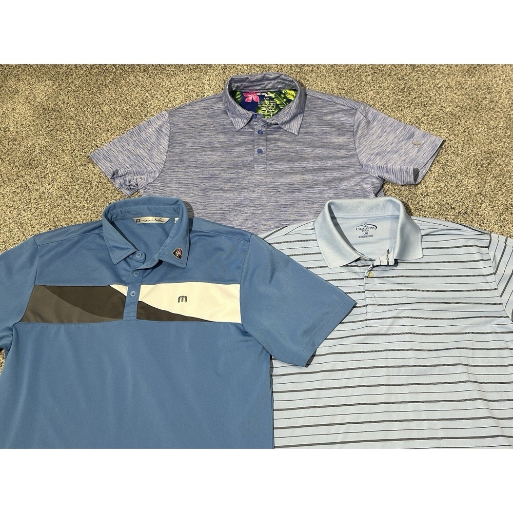 Men's Large Golf Polo LOT of 3 -‎ Birdie Bound, PGA Tour, Travis Mathew